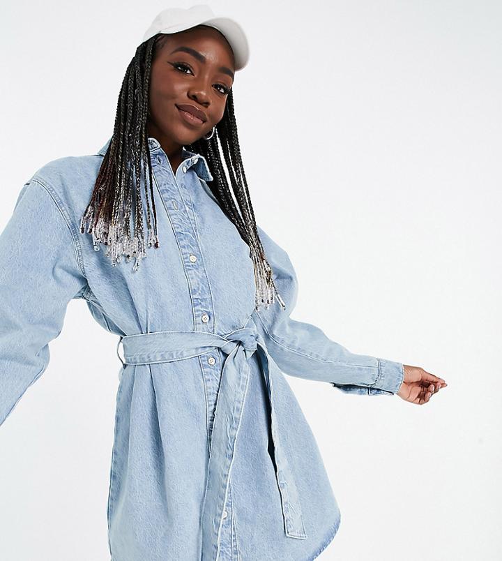 Asos Design Tall Denim Oversized Belted Shirt Dress In Greencast-blues