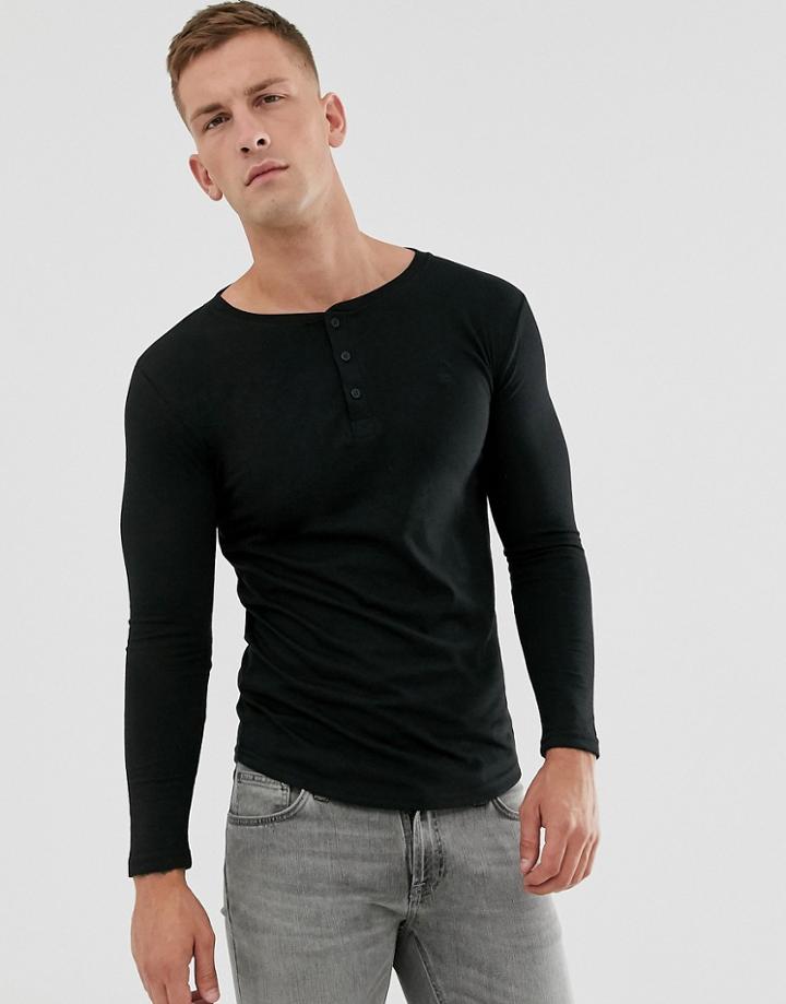 Soul Star Long Sleeve Henley Top In Black