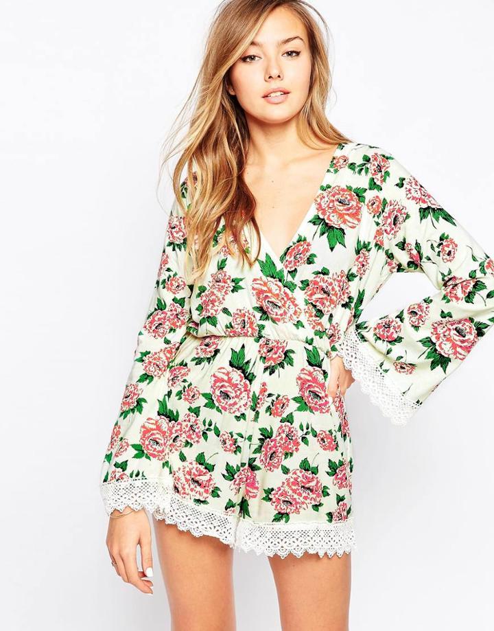 Motel Feather Romper With Crochet Trim - Floral