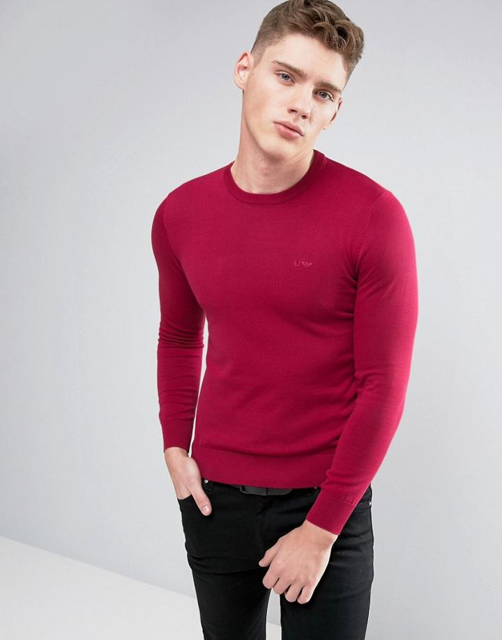 Armani Jeans Crew Knit Sweater Logo Regular Fit In Burgundy - Red