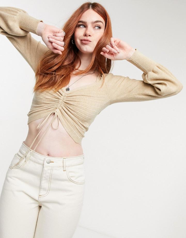 Asos Design Sweater With Ruched Front In Oatmeal-neutral