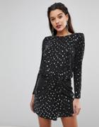Flounce London Lurex Sequin Ls Mini Dress With Shoulder Pads - Black