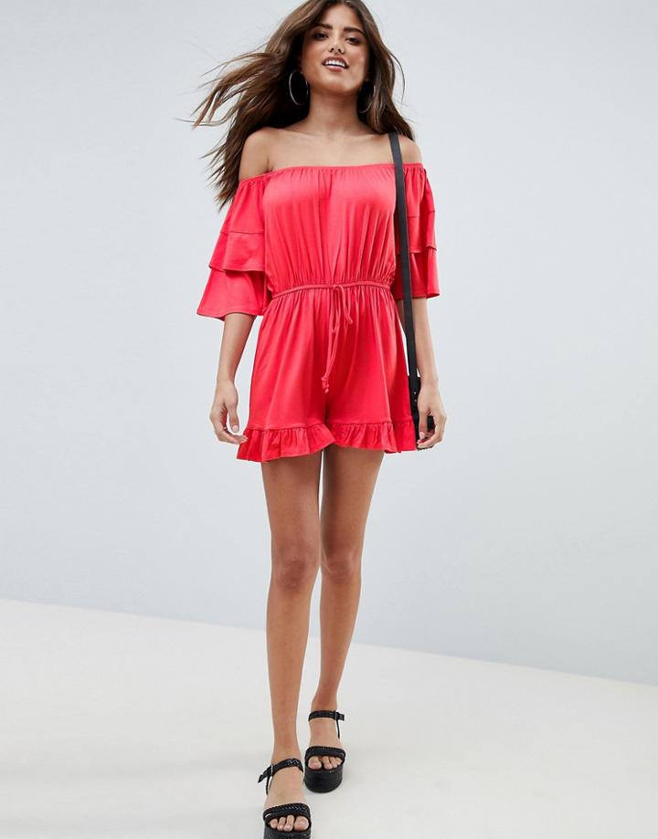 Asos Design Off Shoulder Jersey Romper With Frill Hem-pink