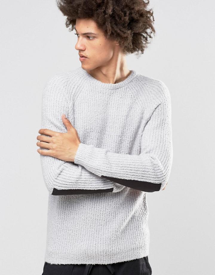 Asos Sweater In Boucle With Woven Forearm Patches - Gray