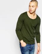 Asos Scoop Neck Sweater In Khaki Cotton - Khaki