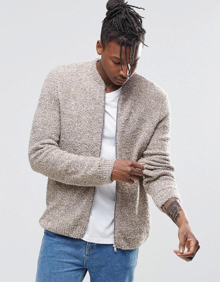 Asos Knitted Bomber Jacket In Teddy Yarn - Beige