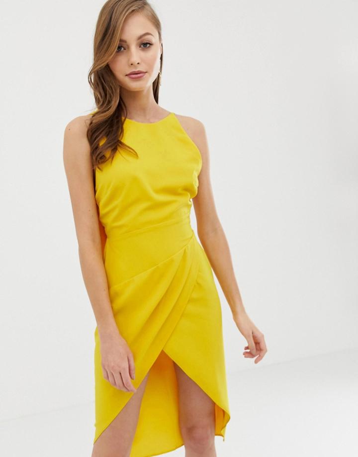 Asos Design Midi Dress With Drape Open Back In Satin-yellow