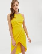 Asos Design Midi Dress With Drape Open Back In Satin-yellow