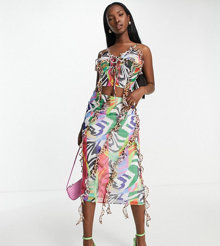 Asyou Frill Edge Midaxi Skirt Set In Animal Swirl Print-multi