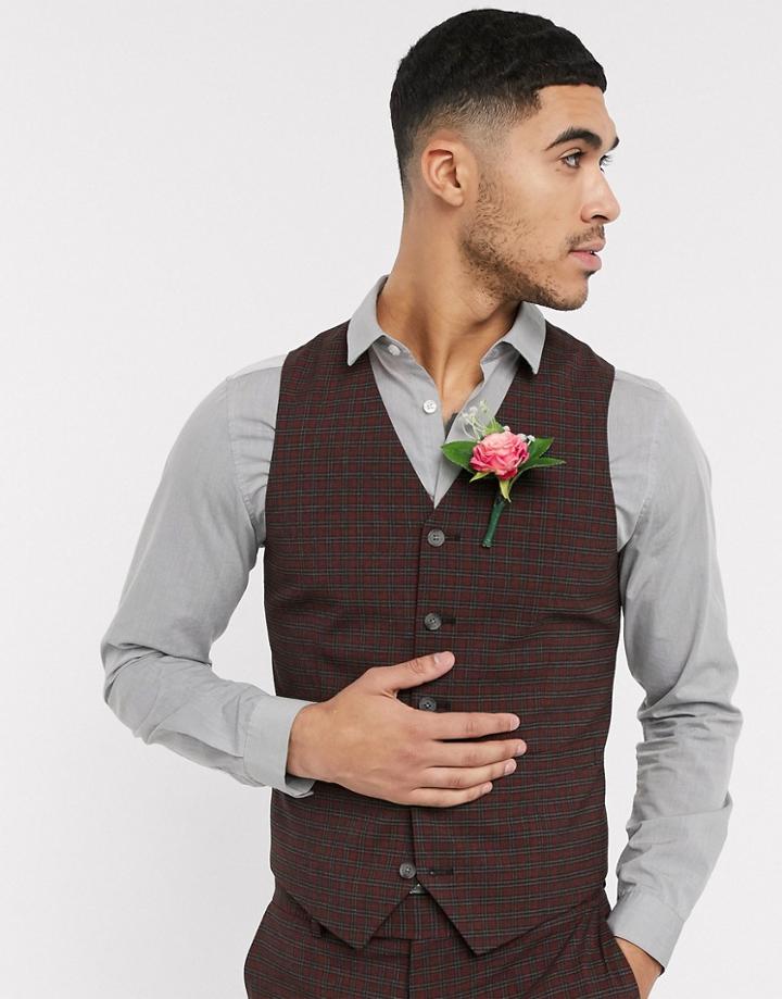 Asos Design Wedding Skinny Suit Suit Vest In Mini Check In Burgundy And Gray-red