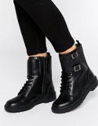 T.u.k. Ealing Strap Lace Up Leather Flat Ankle Boots - Black