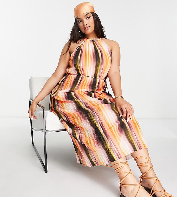 River Island Plus Ombre Plisse Midi Dress In Orange