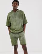 Asos Design Tracksuit Hoodie/skinny Shorts With Raw Hems In Khaki Acid Wash-green