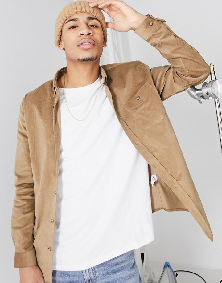 River Island Regular Fit Cord Shirt In Ecru-stone