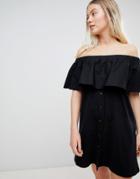 Pull & Bear Off The Shoulder Bardot Dress In Black - Black