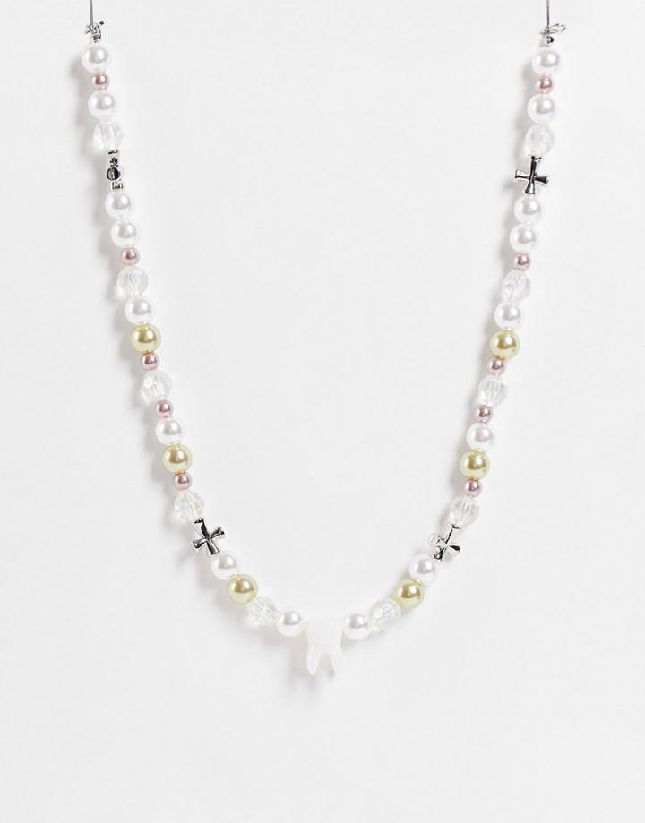 Asos Design Beaded Necklace With Pearl And Tooth Charms In Gold Tone-multi