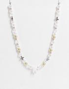 Asos Design Beaded Necklace With Pearl And Tooth Charms In Gold Tone-multi