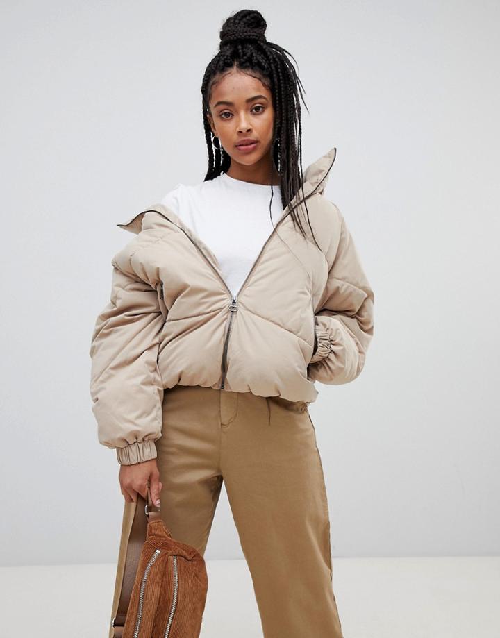 Pull & Bear Removal Hood Puffer Jacket - Beige