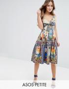 Asos Petite Linen Bow Detail Cut Out Skater Dress In Postcard Print - Multi