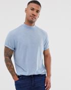 Asos Design Relaxed T-shirt With Turtleneck And Roll Sleeve In Interest Slub In Blue - Blue