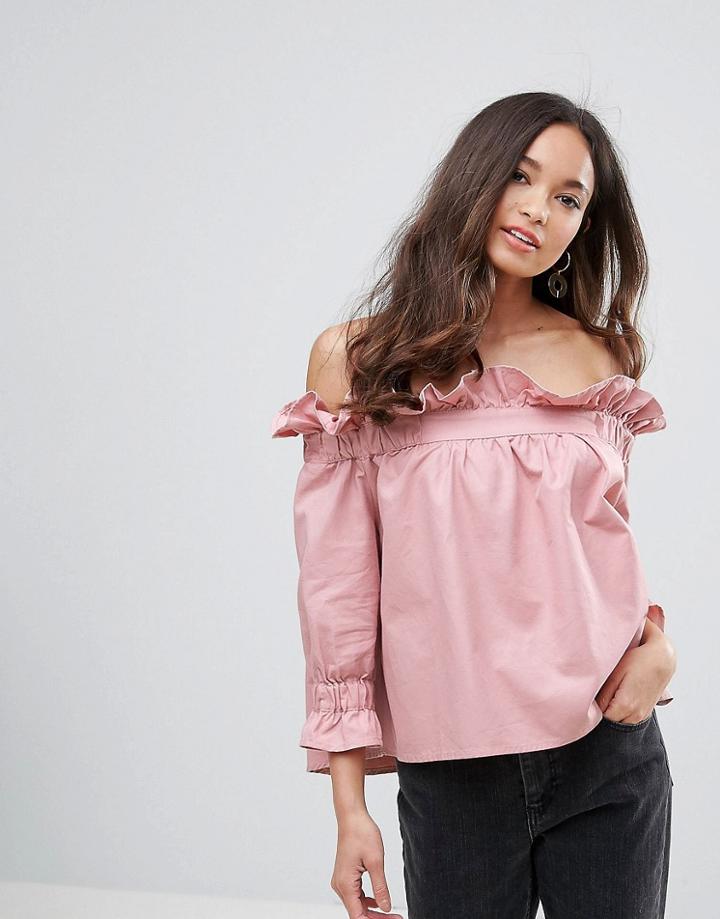 Qed London Twill Bardot Frill Top - Pink