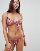 Asos Design Folk Paisley Print Tie Front Tassel Detail Bikini Top-multi