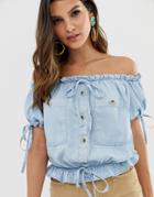 Asos Design Denim Bardot Top With Patch Pockets And Button - Blue