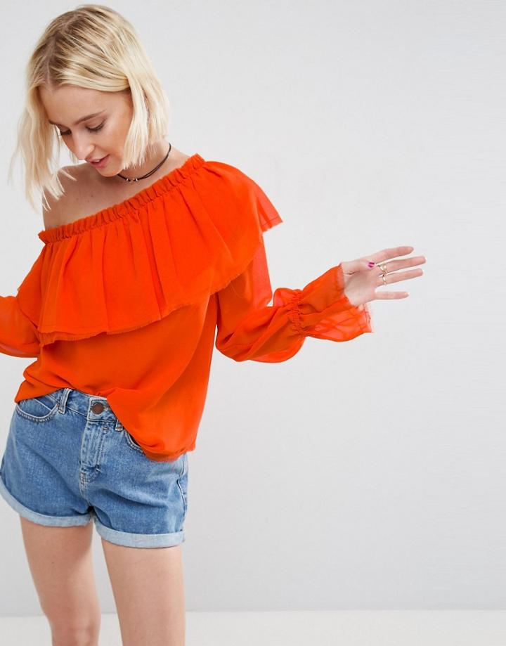 Asos One Shoulder Blouse With Ruffle - Orange