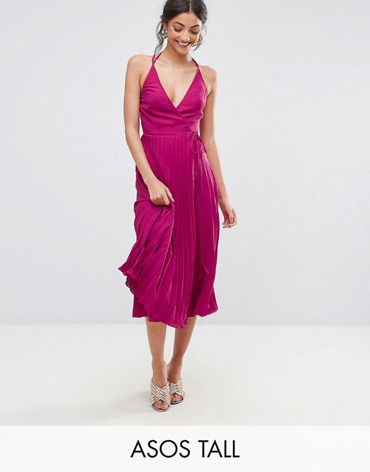 Asos Tall Wrap Front Pleated Midi Dress - Multi