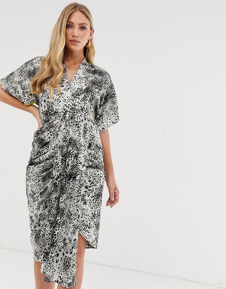 Liquorish Drape Front Midi Dress In Animal Mix Print - Multi