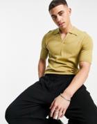 Asos Design Knitted Cotton Notch Neck Polo In Khaki-green