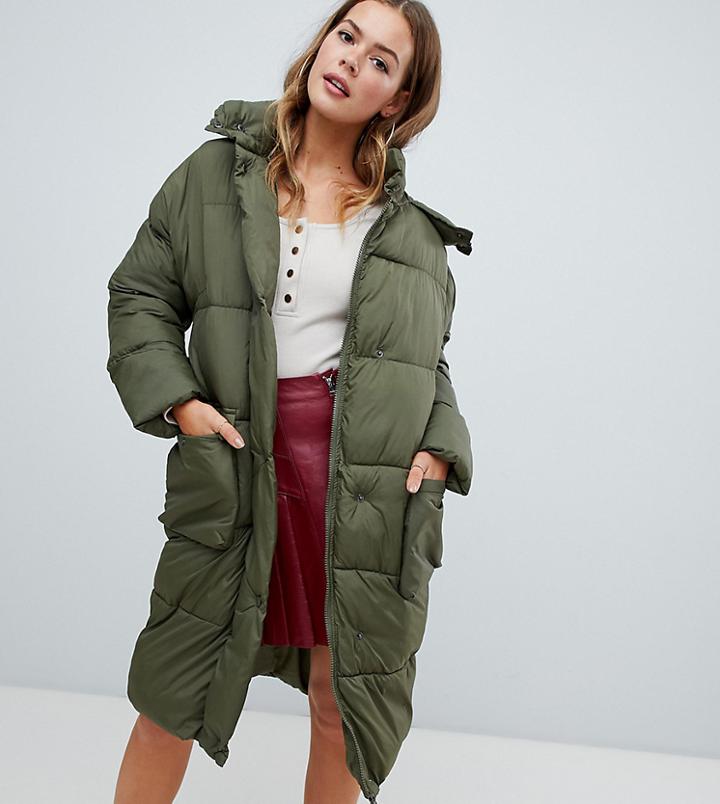 Missguided Longline Padded Jacket In Khaki - Green