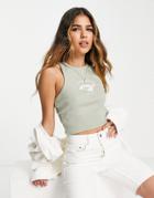 Pull & Bear Racer Cropped Tank Top With Graphic Print In Khaki-green