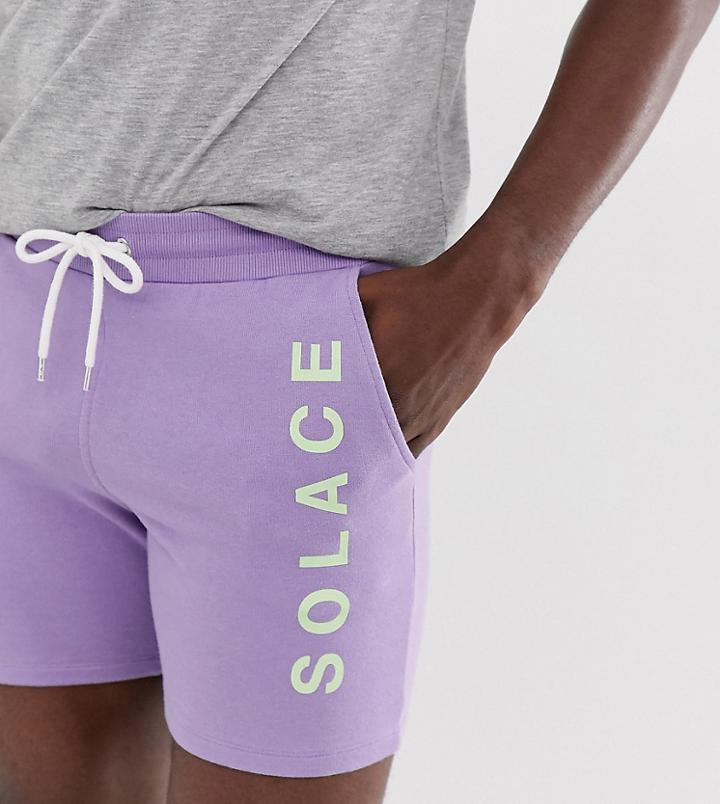 Asos Design Tall Skinny Shorts In Lilac With Solace Leg Print - Purple