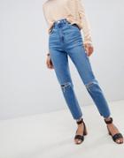 Asos Design Farleigh High Waist Slim Mom Jeans In Mid Stonewash Blue With Rips - Blue