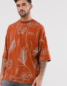 Asos Design Oversized Heavyweight T-shirt With Line Print-brown