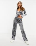 Moda Minx Velour Collar Detail Cropped Shirt And Wide Leg Sweatpants Set In Gray Heather-grey