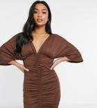 Asos Design Petite Kimono Sleeve Ruched Mini Dress In Chocolate-brown