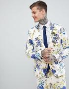 Asos Design Wedding Skinny Suit Jacket In White Cotton Floral Print - White