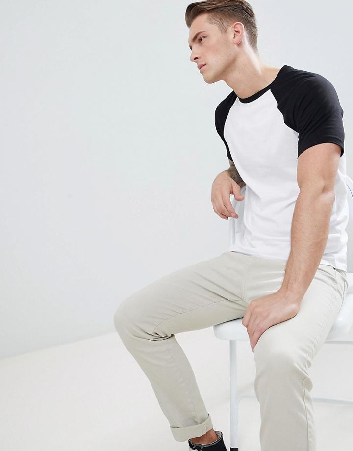 Asos Design T-shirt With Crew Neck With Contrast Raglan-white