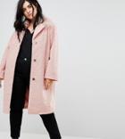 Lost Ink Plus Cocoon Coat With Faux Mongolian Collar - Pink