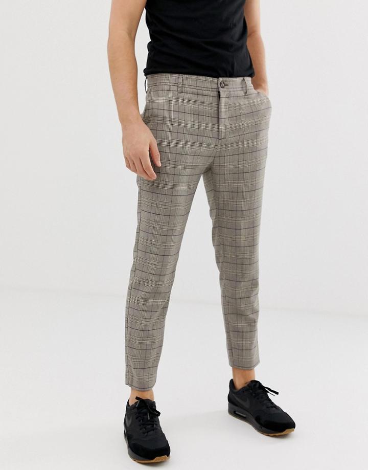 Bershka Skinny Check Pants In Brown - Brown