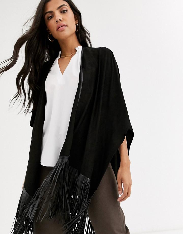 River Island Knitted Cape With Fringe In Black