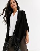 River Island Knitted Cape With Fringe In Black