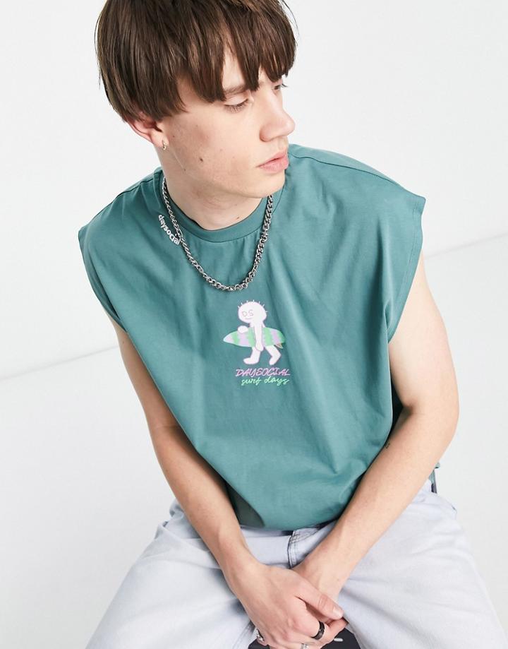 Asos Daysocial Oversized Tank Top With Surf Graphic Print And Logo Embroidery In Teal Blue-green