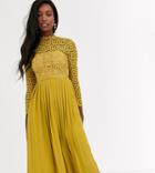 Little Mistress Tall Midi Length Long Sleeve Lace Dress In Mustard-yellow
