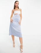 Asos Design Square Neck Cut Out Satin Cami Midi Dress In Silver & Pale Blue-multi