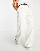 Stradivarius Wide Leg Cargo Pants With Belt In Ecru-white