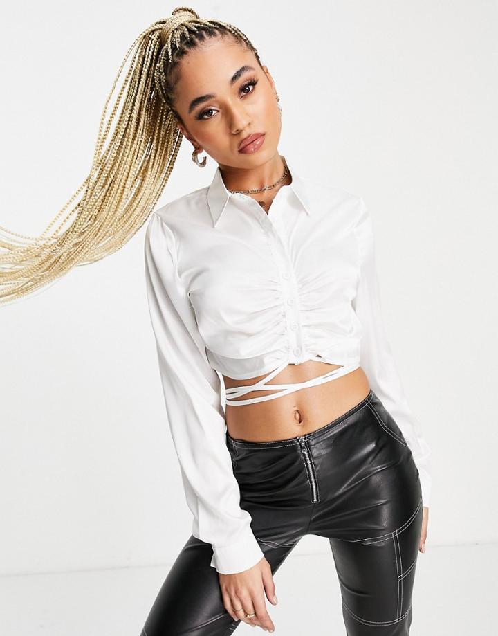I Saw It First Ruched Crop Shirt In Ivory-white