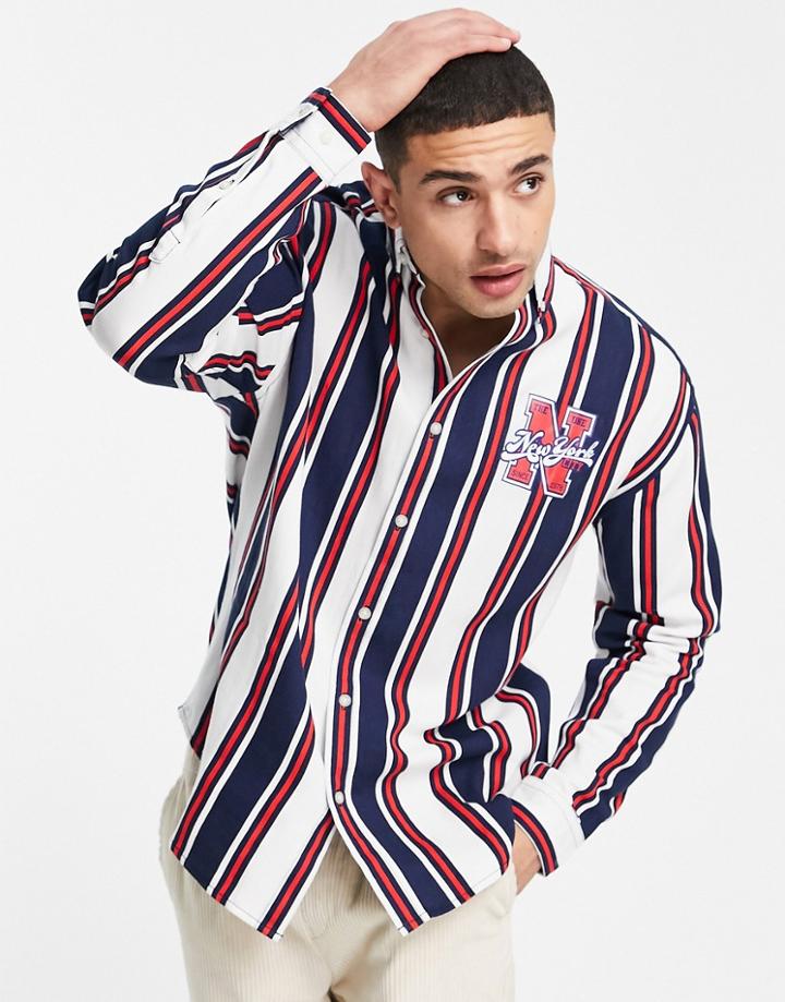 Asos Design 90s Oversized Collegiate Stripe Shirt In Navy And White